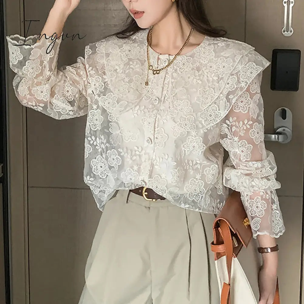 Ingvn - Lace Shirt for Women 2023 Ruffles Long Sleeve Peter Pan Collar Elegant Oversized Blouses Ladies Casual Button Up Top