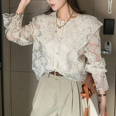 Ingvn - Lace Shirt for Women 2023 Ruffles Long Sleeve Peter Pan Collar Elegant Oversized Blouses Ladies Casual Button Up Top