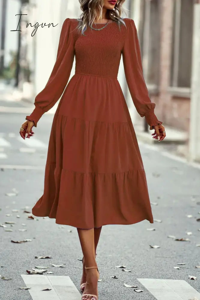 Ingvn - Smocked Long Puff Sleeve Tiered Midi Dress