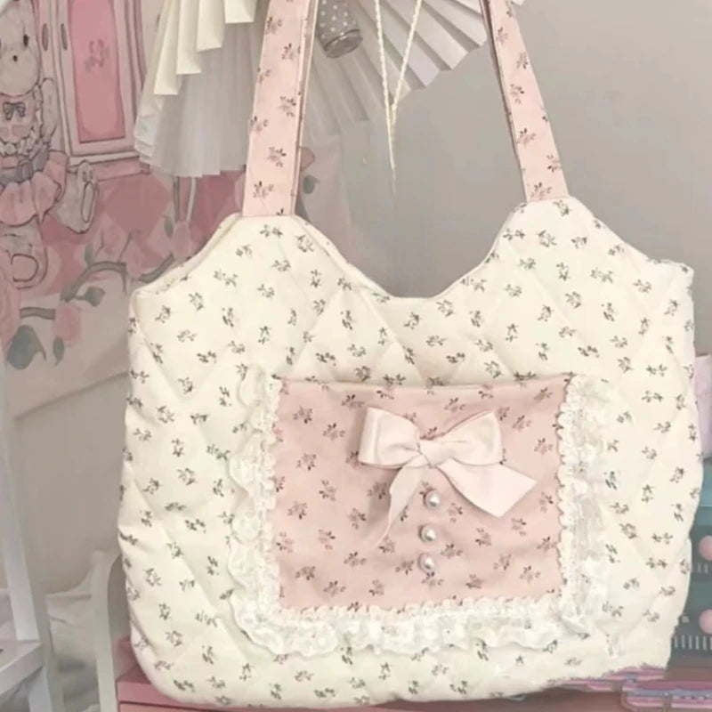 INGVN  Korean Fairy Flower Print Women's Handbags Sweet Y2k Aesthetic Fashion Chic Underarm Bag Contrast Color Kawaii Bow Shoulder Bags