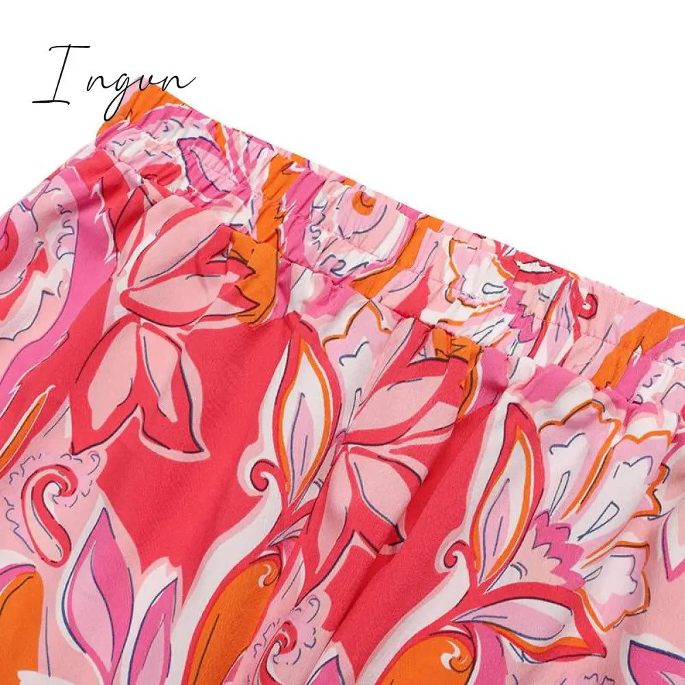 Ingvn - Pants Sets Fashion One Shoulder 3/4 Sleeve Tops Floral Print Wide Leg Trouser Women Two Piece Sets Casual Loose Suit