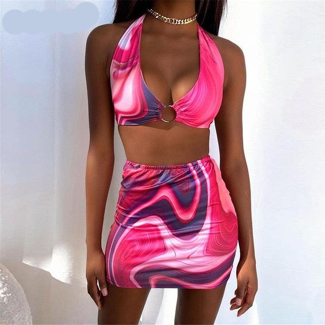 Tie Dye Printed Mini Bodycon Dress Festival Outfits Party Club For Women Backless Halter Cut Out Sexy Summer Dress