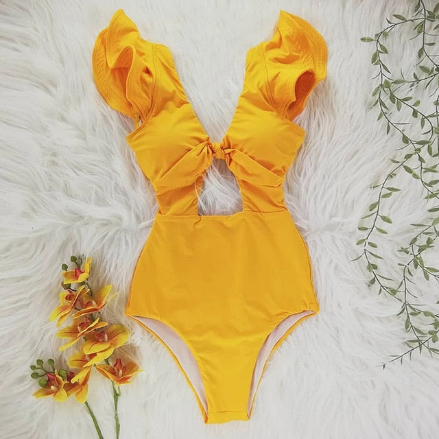 New Sexy Ruffle Print Floral One Piece Swimsuit Off The Shoulder Swimwear Women Solid Deep-V Beachwear Bathing Suit Monkini