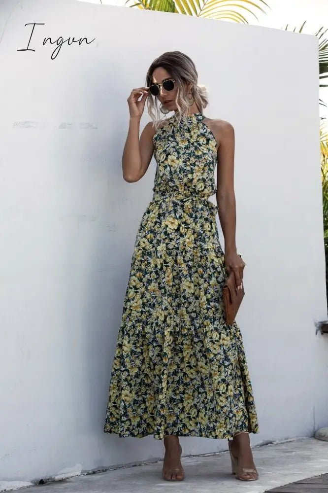 Ingvn - Summer Elegant  beach Women Dress long Print Flowers Polka-dot strap Ladies Halter boho Dress Vintage party ladies Dress