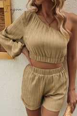 Ingvn - One-Shoulder Balloon Sleeve Crop Top and Shorts Set