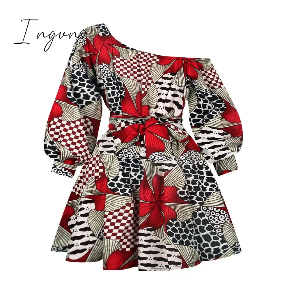 Ingvn - African Dresses for Women Full Sleeve Summer Tilting Shoulder Two Wear Dress Dashiki Print African Rich Bazin Top Maxi Clothes