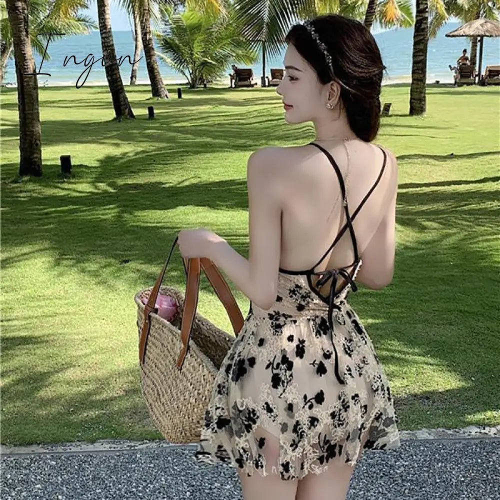 Ingvn - Backless Dress Women Lace Sexy Short Embroidery Mini Y2k Push Up Dress with Flowers Korean Dress Summer Gothic Party