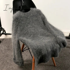 Ingvn - high quality winter outfits aesthetic New Winter Women's Thickened Round-Neck Mohair Pullover Sweater Pure Color Female Loose Knitwear Long Sleeve Asymmetry Knit Top
