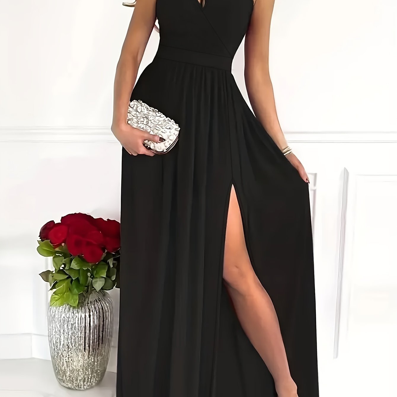 Solid One Shoulder Split Aline Dress, Elegant Ruffle Hem Sleeveless Asymmetrical Dress For Club & Party, Women's Clothing