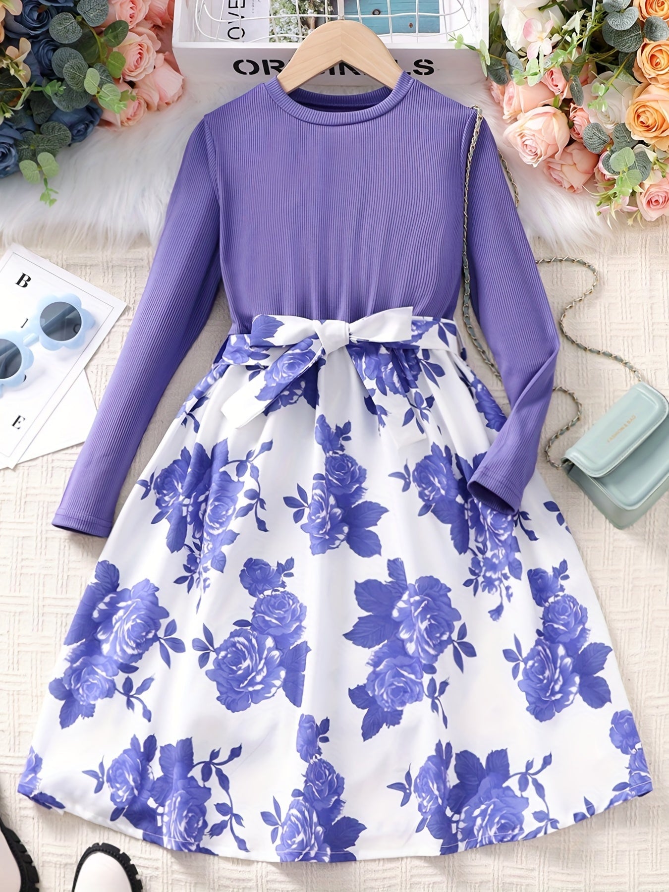 Adorable Floral Belted Dress for Girls - Long Sleeves, Round Neck, Splicing Design, Party-Perfect, Spring Collection, Kids' Clothing