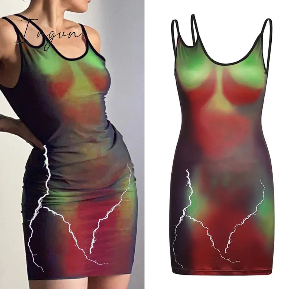 Ingvn - Hipster Bodycon Print Irregular Dress Women Sexy Sleeveless Sheath Body-Shaping Dresses Ladies Vintage Fashion Clubwear