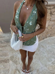 Glitter Deep V Neck Sexy Tank Tops Women Vest Pullovers Summer New Sparkle Backless Cropped Tops Elegant Beach Tops