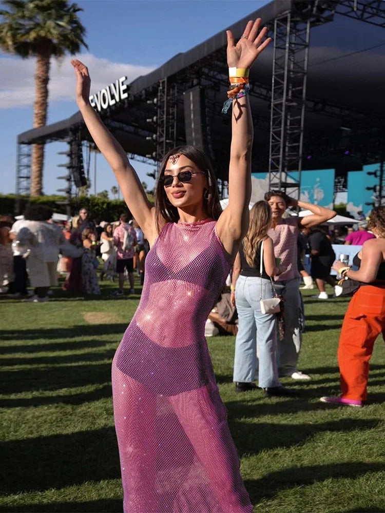 Hottie Coquette Dress Women Y2K Bright Silk Music Festivals Hipster Midnight Sleeveless Hollow Sexy Clubwear Vestidos