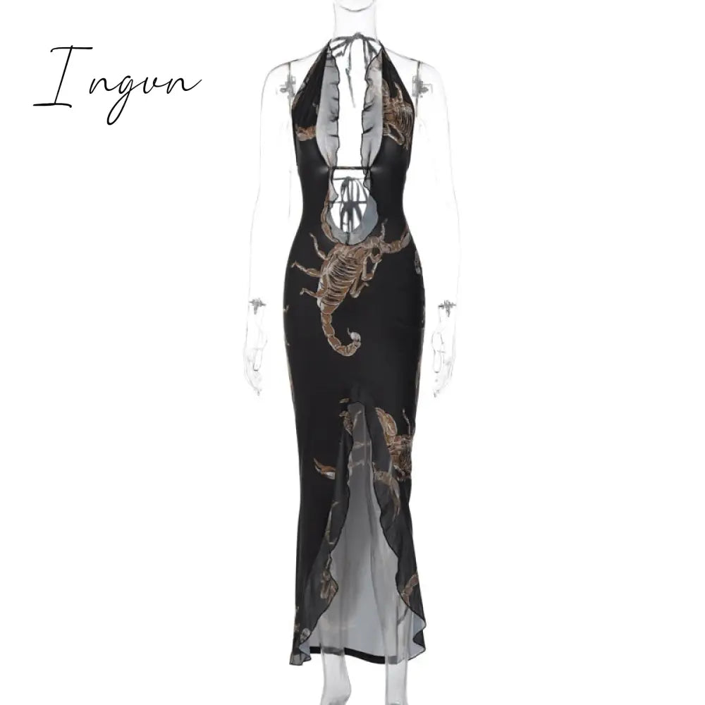 Ingvn - Elegant Halter Backless Print Maxi Dress Women New Fashion Lace-up Sleeveless Bodycon Printed Sexy Party Long Dress
