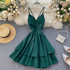 Ingvn - Summer Spring Beach Holiday V-Neck Backless Lace Up Ruffles Cakes Solid Elegant Women Lady A-line High Waist Dress