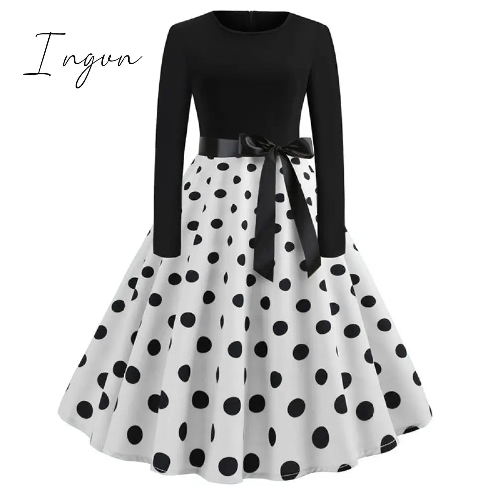 Ingvn - Winter Christmas Dresses Women 50S 60S Vintage Robe Swing Pinup Elegant Party Dress Long Sleeve Casual Plus Size Print Black