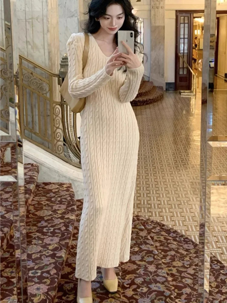 Elegant Knitted Dress for Women Autumn V-neck Bodycon Slim Sweater Dresses Winter Solid Casual Korean Fashion Vestidos Mujer New