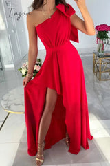 Ingvn - Casual Simplicity Solid Asymmetrical With Bow Oblique Collar Irregular Dress Dresses