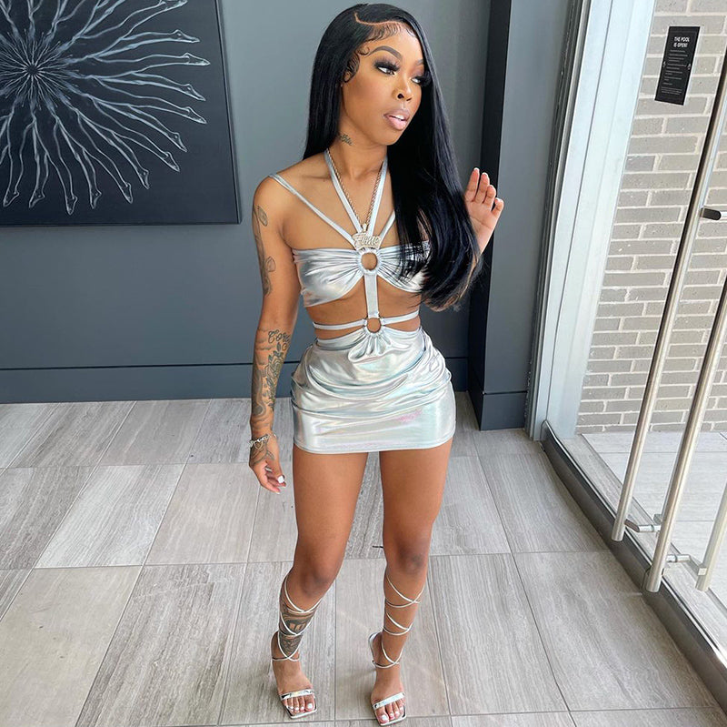 Voguable  Solid Sleeveless Bodycon Halter Hollow Out Sexy Mini Dress  Summer Women Fashion Streetwear Outfits Y2K