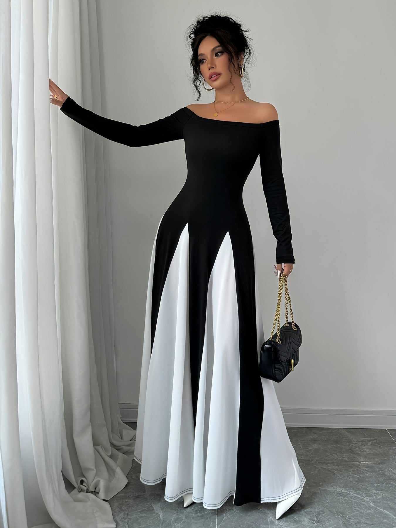 Elegant Black and White Symphony Kimono Dress, Polyester 95% Elastane 5%, Solid Color, Strapless, Knit Fabric, Spring/Summer Collection for Adults