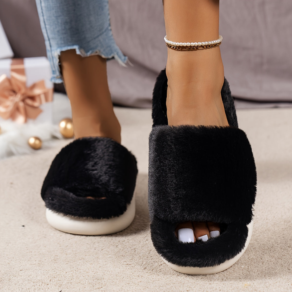 CozyPlus Furry House Slippers - Slippers with Single Band Open Toe Platform, Fuzzy Comfy Warm Design for Home Relaxation - Perfect for Cold Winter Days