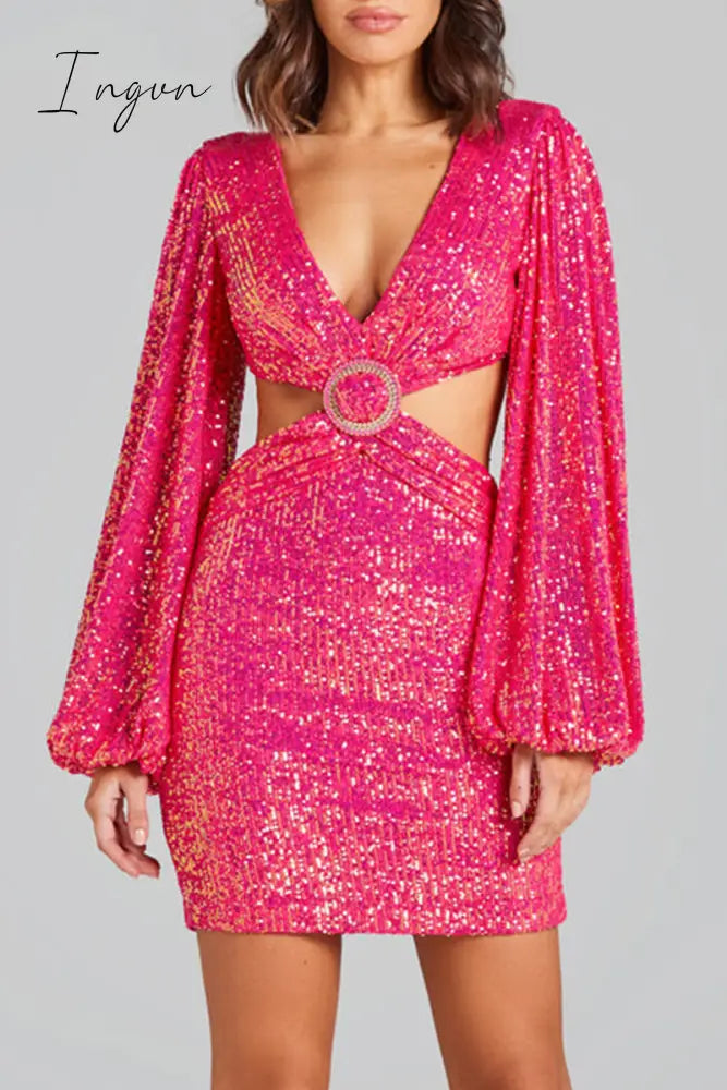 Ingvn - Sexy Solid Sequins Sequined V Neck Wrapped Skirt Dresses