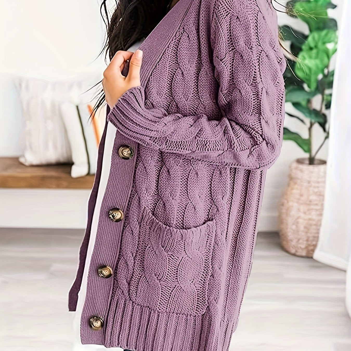 Cable Knit Button Front Cardigan, Casual Solid Long Sleeve Cardigan For Fall & Winter, Women's Clothing