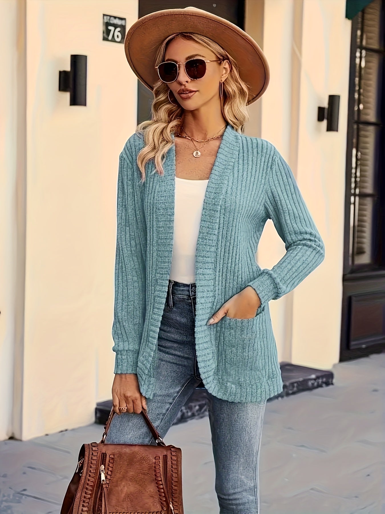 Solid Color Open Front Cardigan, Versatile Long Sleeve Pockets Cardigan For Spring & Fall, Women's Clothing