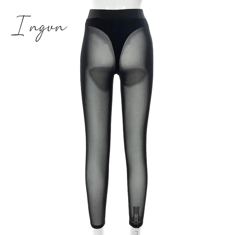 Ingvn - New Sexy See-through Black High Waist Long Trousers Casual Sweatpants Women Autumn Elastic Pencil Pants Mesh Leggings