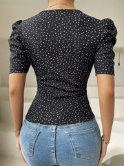 Allover Print V Neck T-shirt, Casual Ruched Short Sleeve Top For Spring & Summer, Women's Clothing