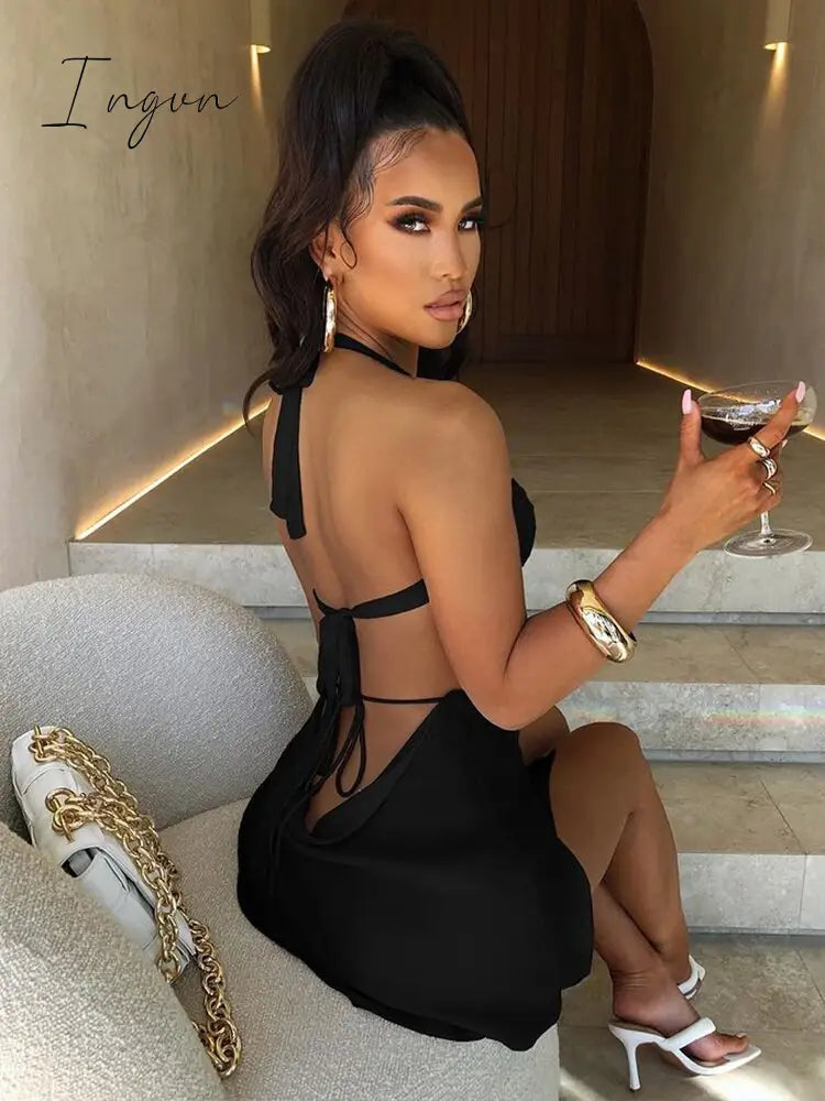 Ingvn - Halter Hollow Out Dress Women Bandage Slim Strapless Bodycon Dress Sexy Mini Backless Summer Party Dresses
