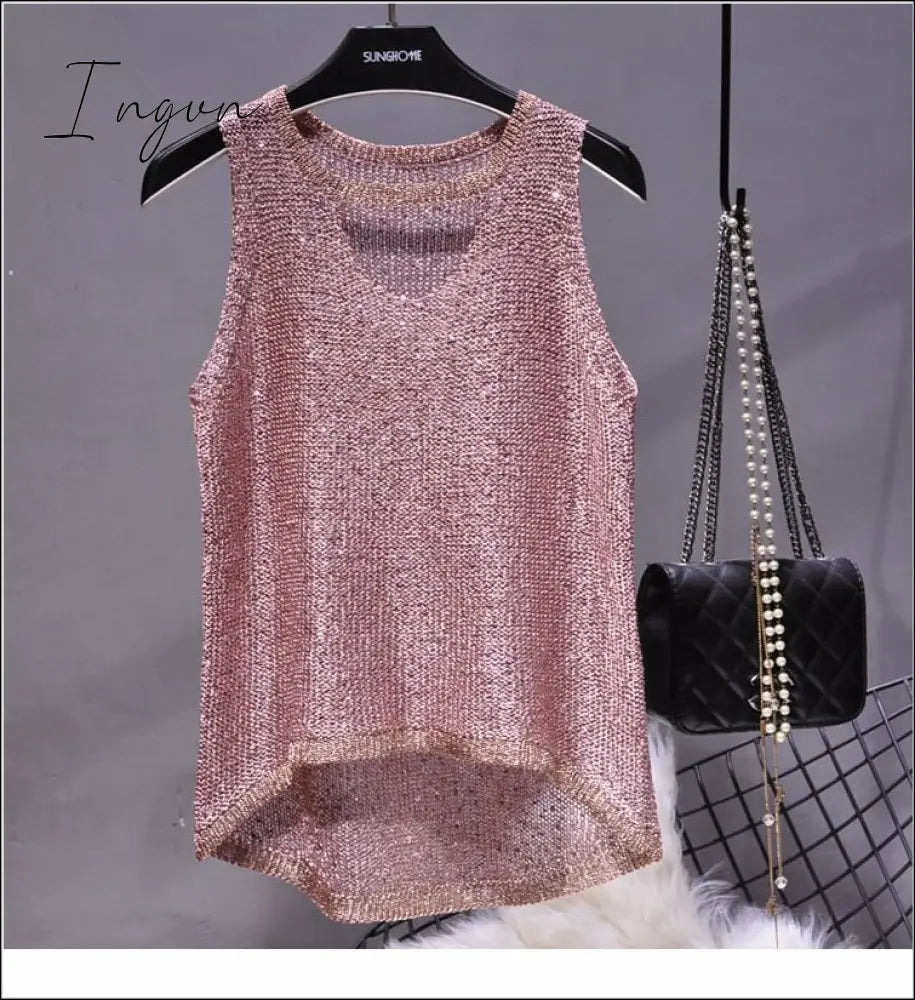 Ingvn - 2023 Summer New Sexy Hollow Sequined Knit Camisole Top Sleeveless Hollow Out Top Shirt Women's Loose Casual Crop Top Tops