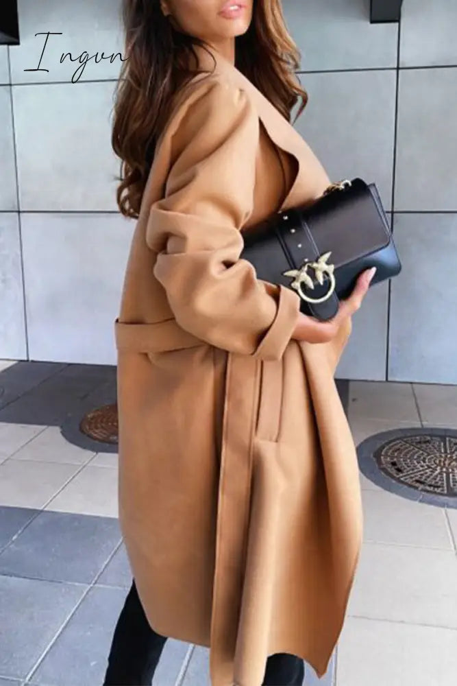 Ingvn - British Style Elegant Solid Bandage Turndown Collar Outerwear