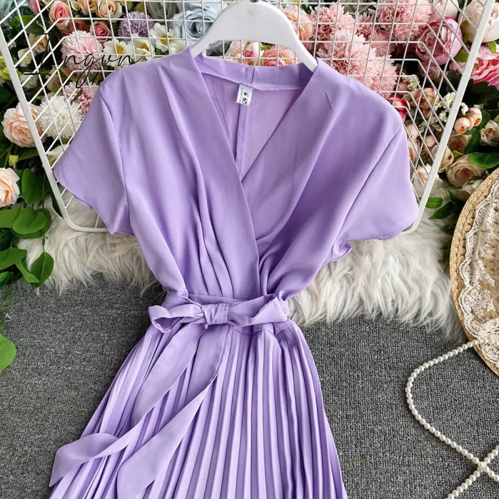 Ingvn - Elegant Midi retro Dress Women's New Solid Color V-neck Lace-up Waist Slimming over-the-Knee Pleated Dress Office Lady