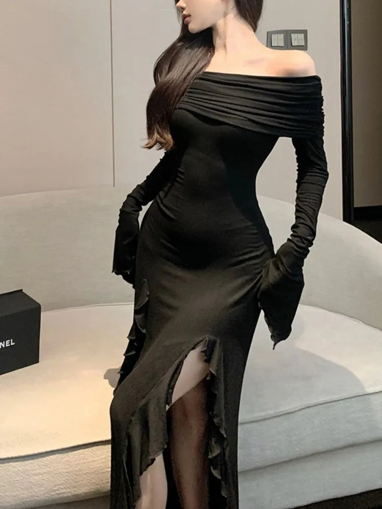 Elegant Off Shoulder Irregular Long Sleeve Dress for Women Fashion Bodycon Solid Midi Dresses Autumn One Piece Vestido Mujer New
