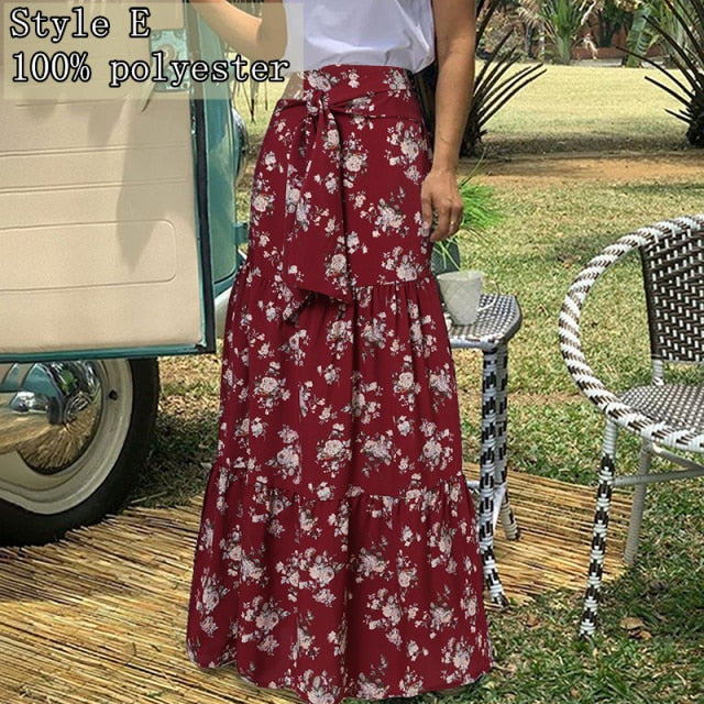 Long Skirts Women  Autumn Celmia Vintage High-Waist Female Skirts Casual Plaid Check Loose Printed Belted Pleated Maxi Skirt