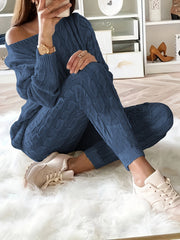 Solid Knitted Matching Two-piece Set, Casual Long Sleeve Sweater & Pants Outfits, Women's Clothing