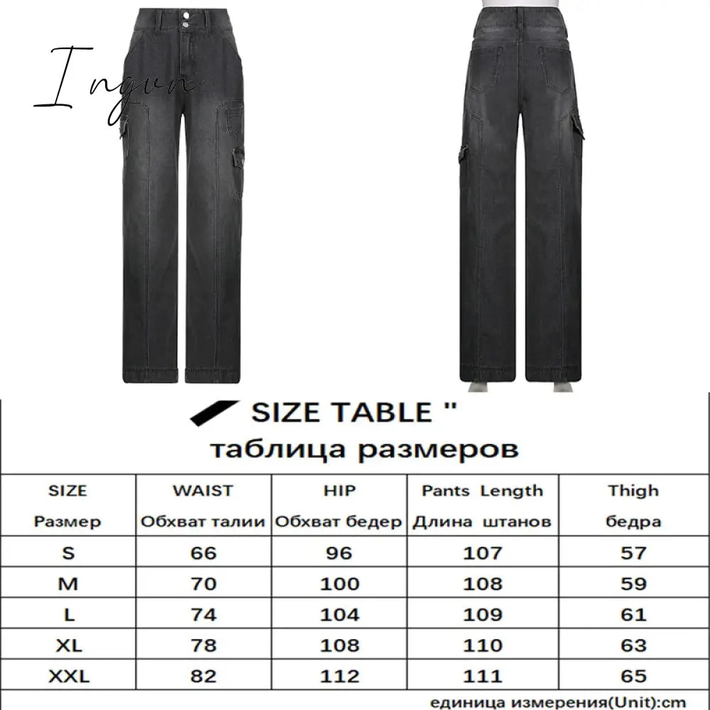 Ingvn - Womens Fashion Trends Pockets Patchwork Baggy Jeans Fashion Streetwear 100% Cotton Women Denim Trouser Loose Cargo Pants Korean Jeans Harajuku