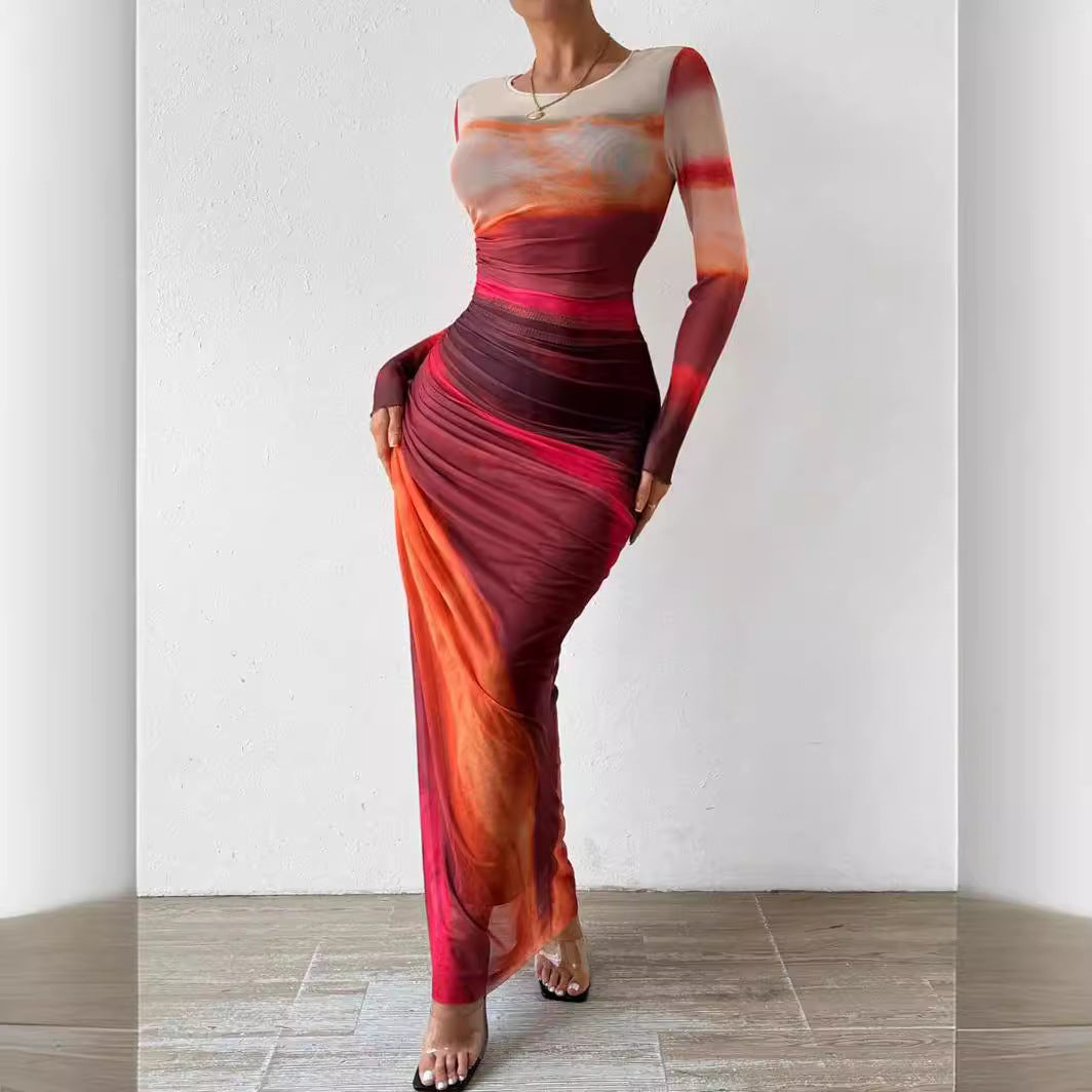 Fashion Mesh Printing Pleated Sexy Tight Split Crewneck dress