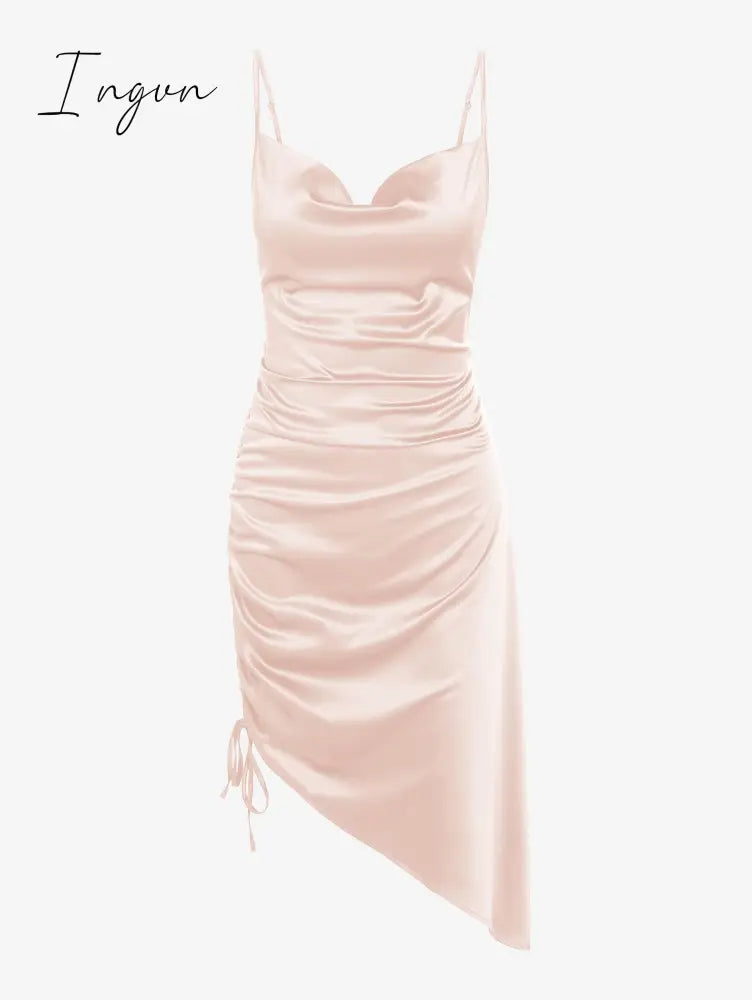 Ingvn - Women's Sexy Satin Dress Spaghetti Strap Slips Nightwear Side Slit Cocktail Party Silk Mini Dresses
