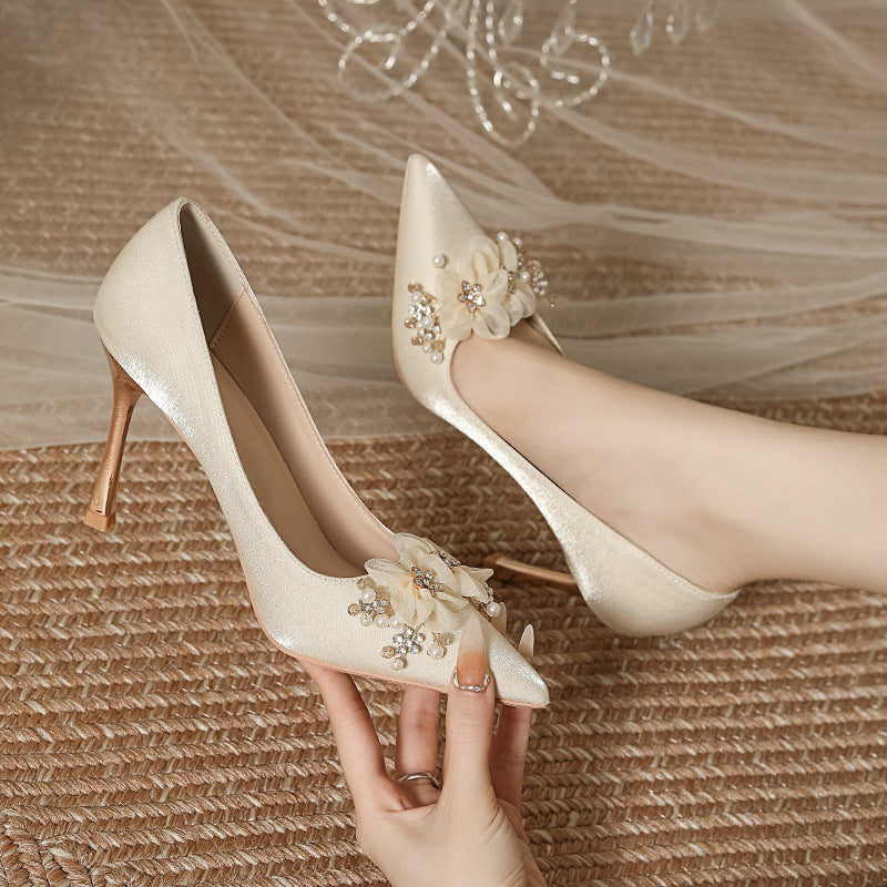 Stiletto heel pointed satin beige high heels women's wedding shoes wedding bride bridesmaid shoes satin beige plus size widened