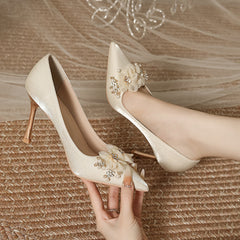 Stiletto heel pointed satin beige high heels women's wedding shoes wedding bride bridesmaid shoes satin beige plus size widened