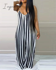 Ingvn - Women's striped printed spaghetti straps wide leg pockets jumpsuit women's sleeveless spring/summer high waisted loose pants jum