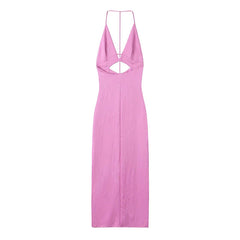 Summer Women Side Slit Front Hollow Out Satin Halter Long Dresses Sexy Backless Party Vestidos