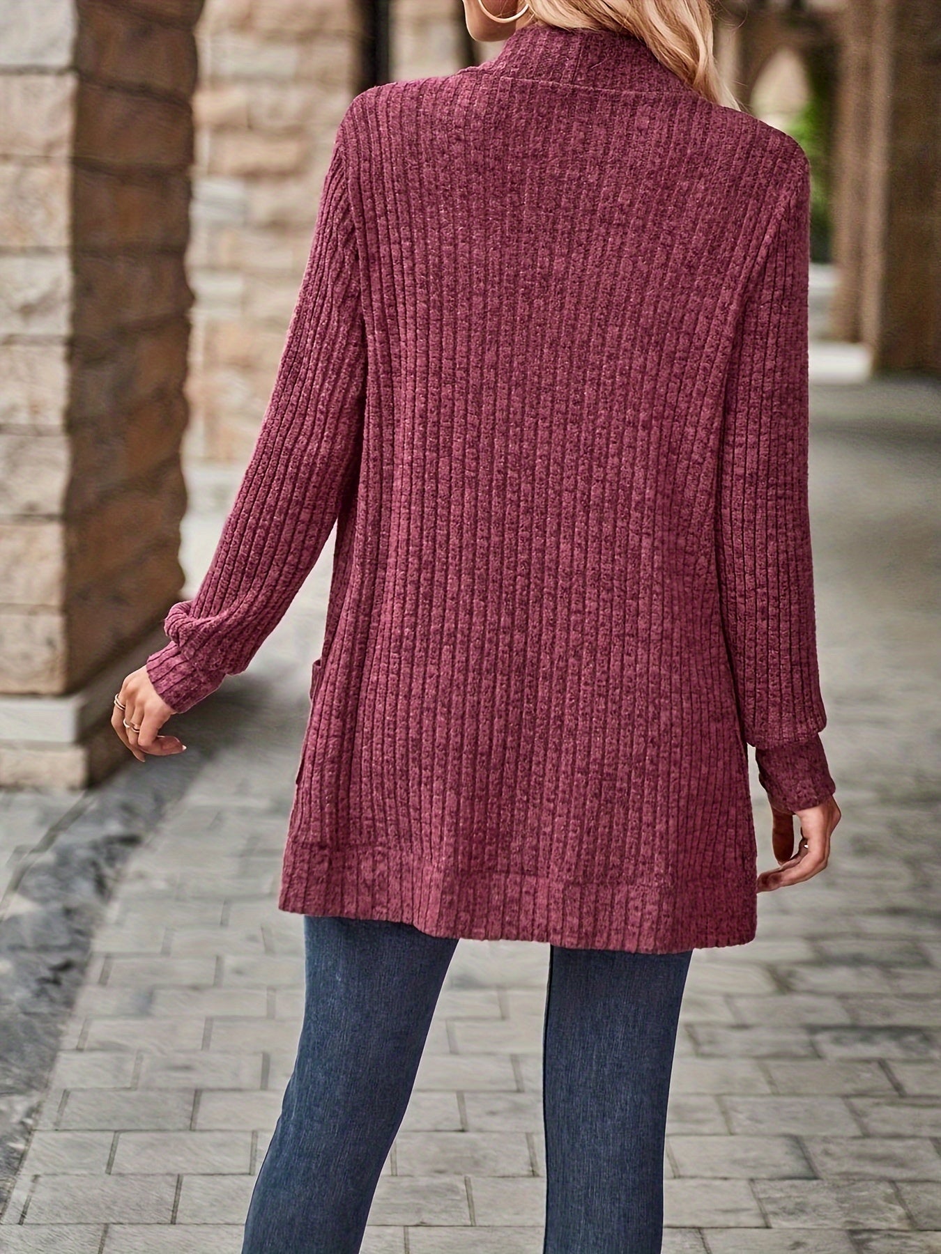 Cozy Rib Knit Cardigan for Women - Soft & Stylish Solid Open Front Sweater with Pockets - Casual Long Sleeve Fashion Clothing