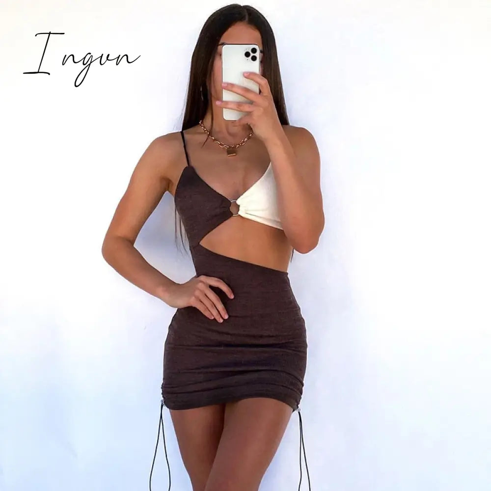 Ingvn - Spaghetti Strap Drawstring Ruched Cut-Out Sexy Backless Mini Dress for Women Club Party Sleeveless Dresses Bodycon