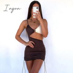Ingvn - Spaghetti Strap Drawstring Ruched Cut-Out Sexy Backless Mini Dress for Women Club Party Sleeveless Dresses Bodycon
