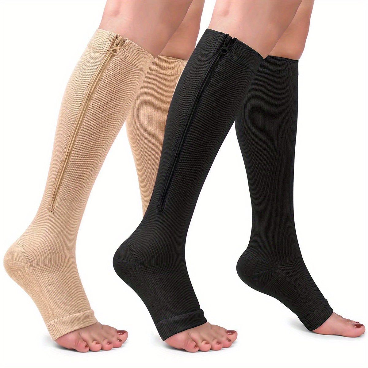 2 Pairs Compression Socks For Running, And Athletics - Open Toe, Zipper Closure, Thermal