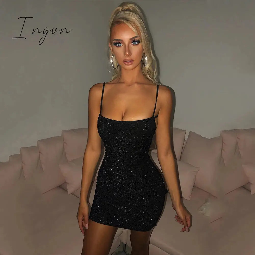 Ingvn - Bling Glitter Sequin Women Strap Mini Dress Ruched Lace Up Backless Bodycon Sexy Party Club Autumn Winter Elegant