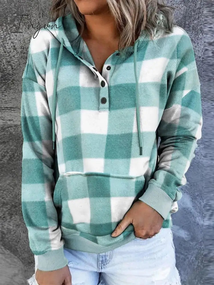 Ingvn - Women's Hoodie Sweatshirt Pullover Fashion Button Drawstring Front Pocket Red Blue Purple Plaid Casual Hoodie Long Sleeve Top Micro-elastic Fall & Winter